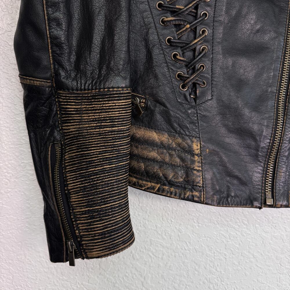 Wilsons Vintage USA Leather Jacket Women Small Lace Up Distressed Biker Moto - Picture 7 of 12